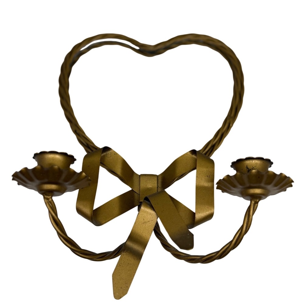 VTG Heart Mirror Candle Sconce Gold Bow Ribbon Twisted Metal Hollywood Regency